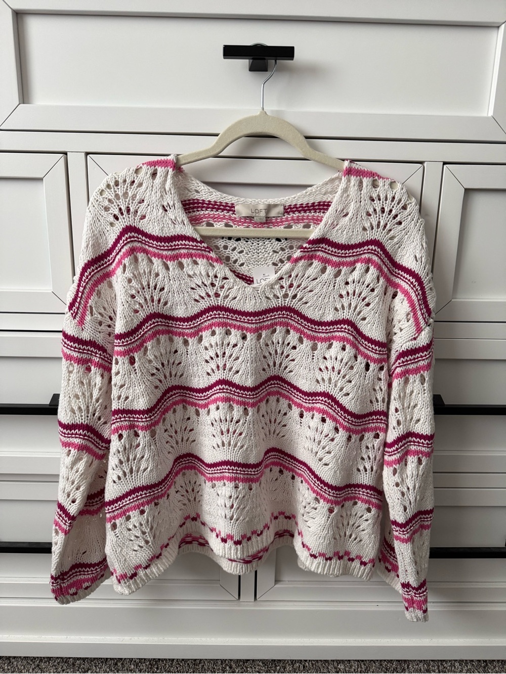 LOFT Ivory Open-Weave V-Neck Sweater with Pink Stripe Details
